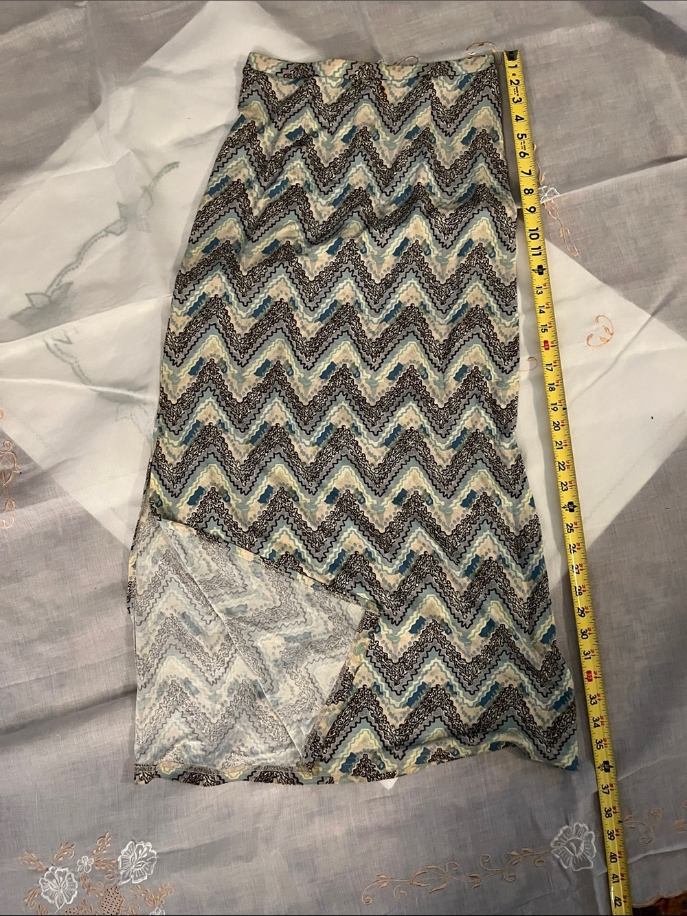 Chevron Print Midi Skirt in Teal, Cream & Black